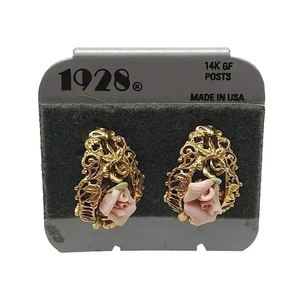 1928 Gold Filigree Hoop Earrings Pink Porcelain Flower Pierced Post